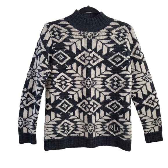 Lauren Ralph Lauren PP Wool Sweater Aztec Snowflake Mock Neck Charcoal Petite - Picture 1 of 11